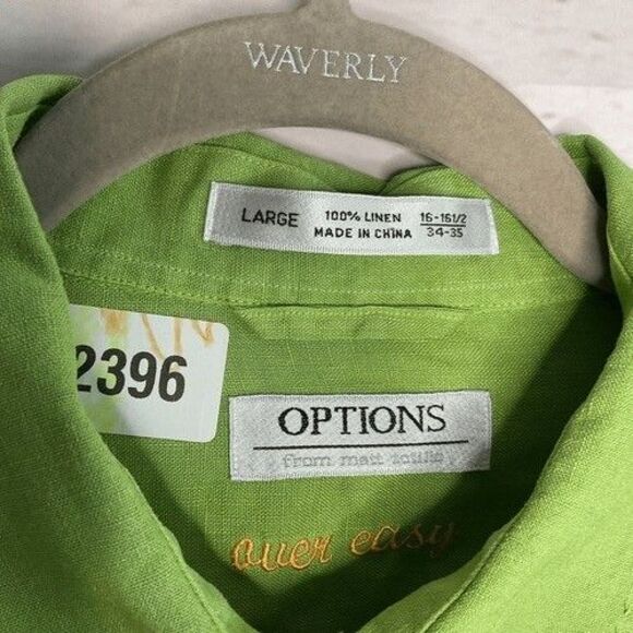 NWOT Options Green 100% Linen Long Sleeve Button Up Shirt Men Size Large 16-16.5 - Picture 2 of 10